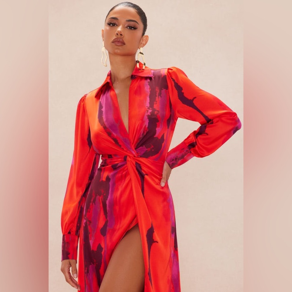 Vibrant Red and Purple Long Sleeve Dress